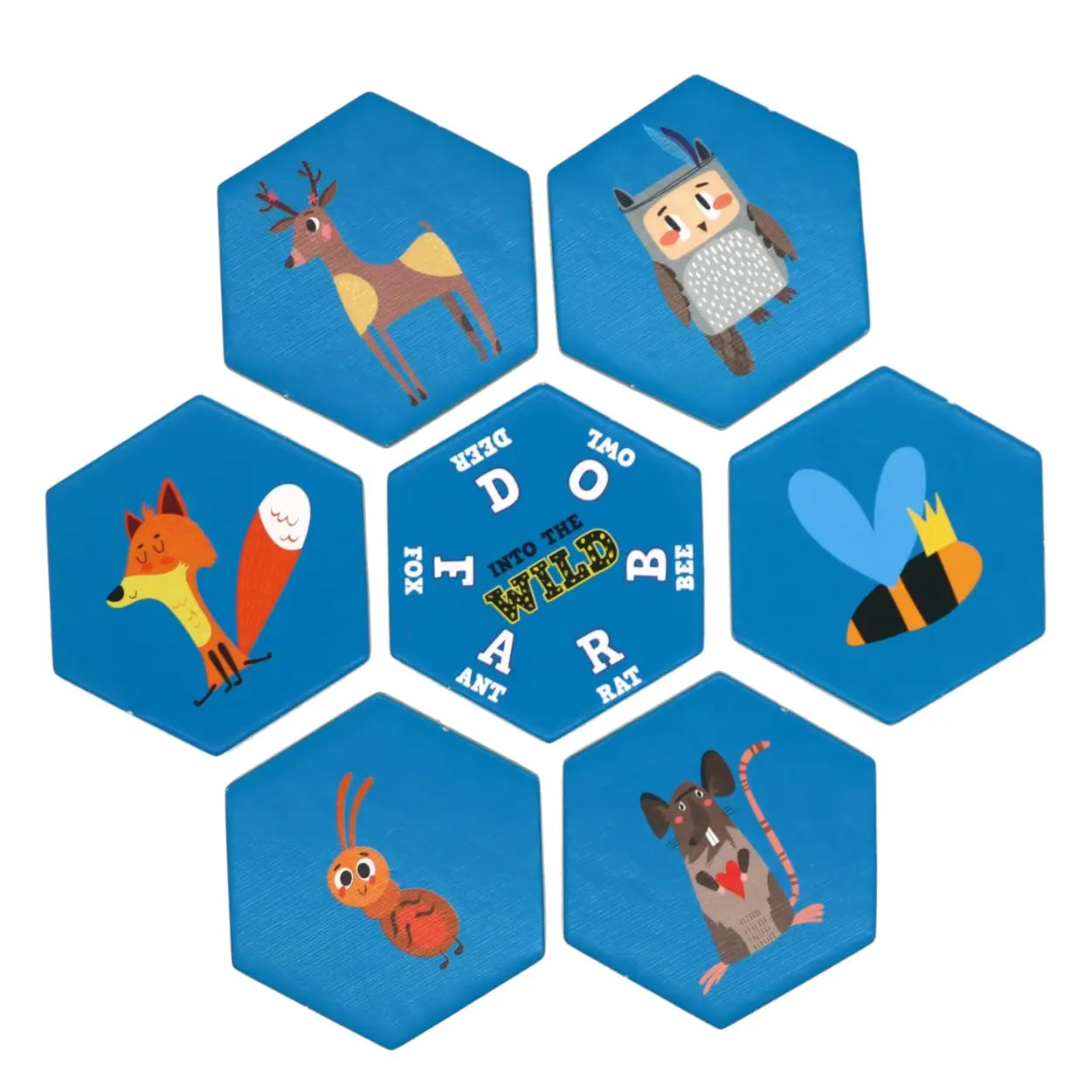 The "Into the Wild Let's Match" by Into the Wild is a playful matching puzzle with hexagonal tiles showing a deer, owl, bee, rat, ant, and fox on a blue background. The center says "INTO THE WILD," inviting young explorers aged 3+ to develop sorting skills through anagram letters.