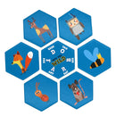 The "Into the Wild Let's Match" by Into the Wild is a playful matching puzzle with hexagonal tiles showing a deer, owl, bee, rat, ant, and fox on a blue background. The center says "INTO THE WILD," inviting young explorers aged 3+ to develop sorting skills through anagram letters.