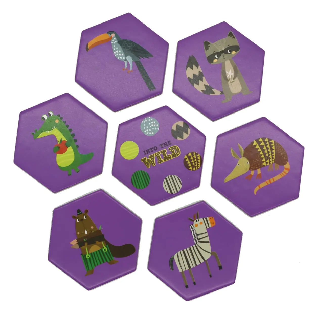 Seven purple hexagonal coasters by Into the Wild, designed for ages 3+, showcase cartoon animals like a toucan and raccoon. Featuring "Into the Wild" text and vibrant circles, these coasters are perfect for enhancing sorting skills and matching puzzles.