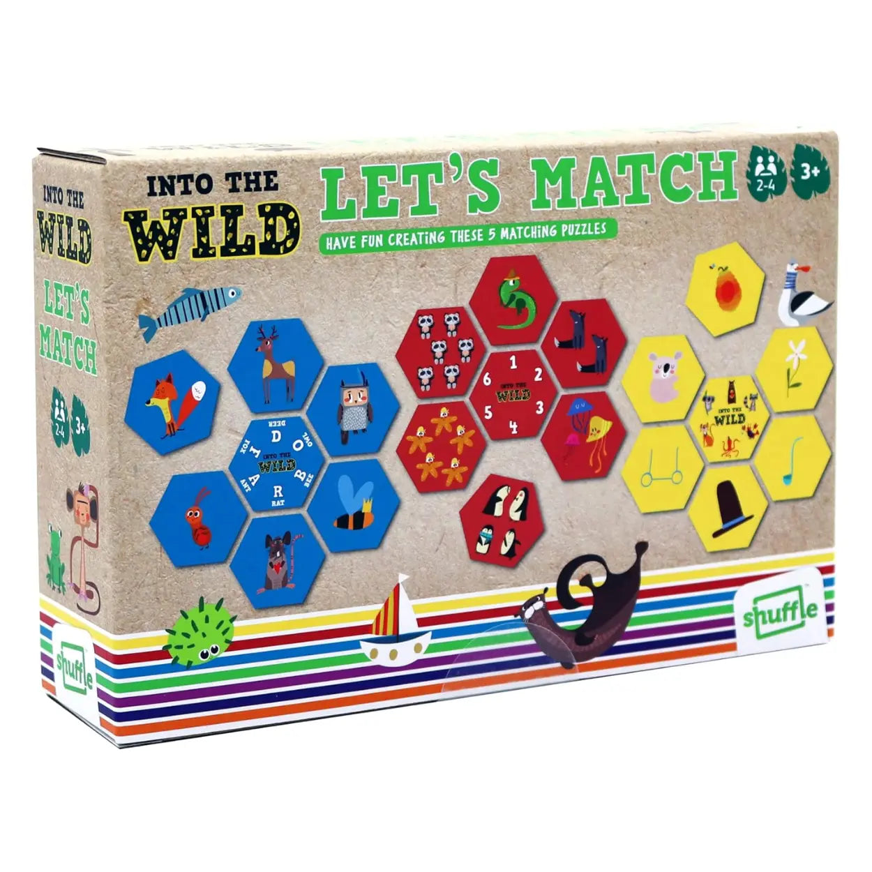 The "Into the Wild Let's Match" game by Into the Wild includes vibrant animal-themed puzzles to improve sorting skills. It features colorful hexagonal and square pieces with playful animal icons on a striped background, suitable for ages 3 and up.