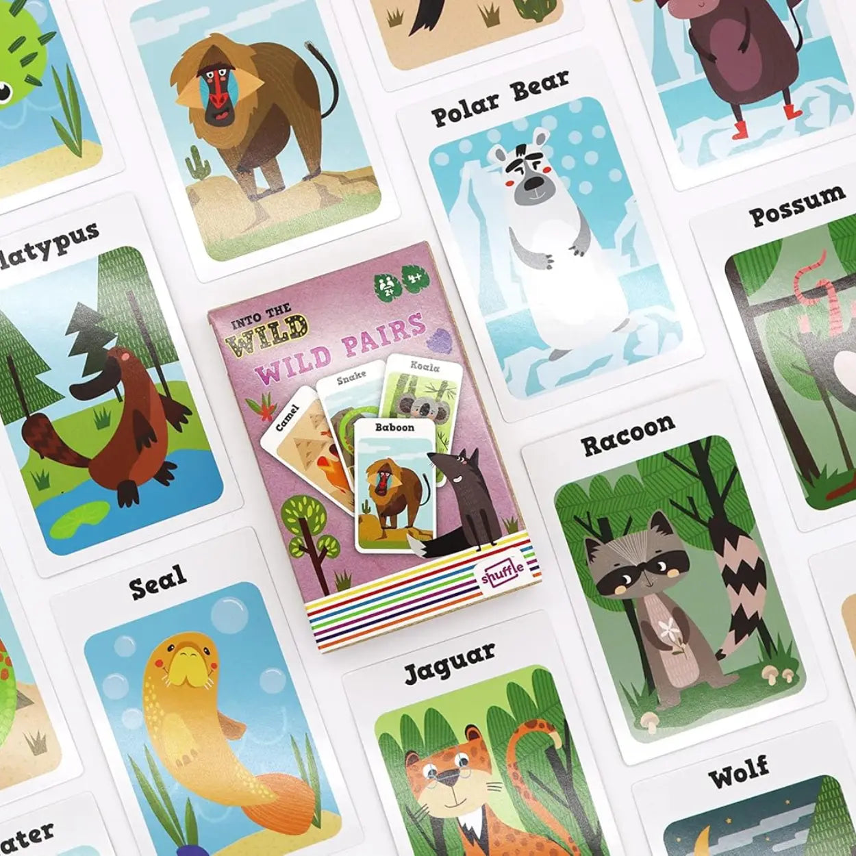 Into the Wild 3 Card Games" by Into the Wild offers an engaging animal-themed card set that features creatures like polar bears and jaguars, aimed at boosting memory and matching skills. The boxed kids' game features a baboon and snake on the cover.