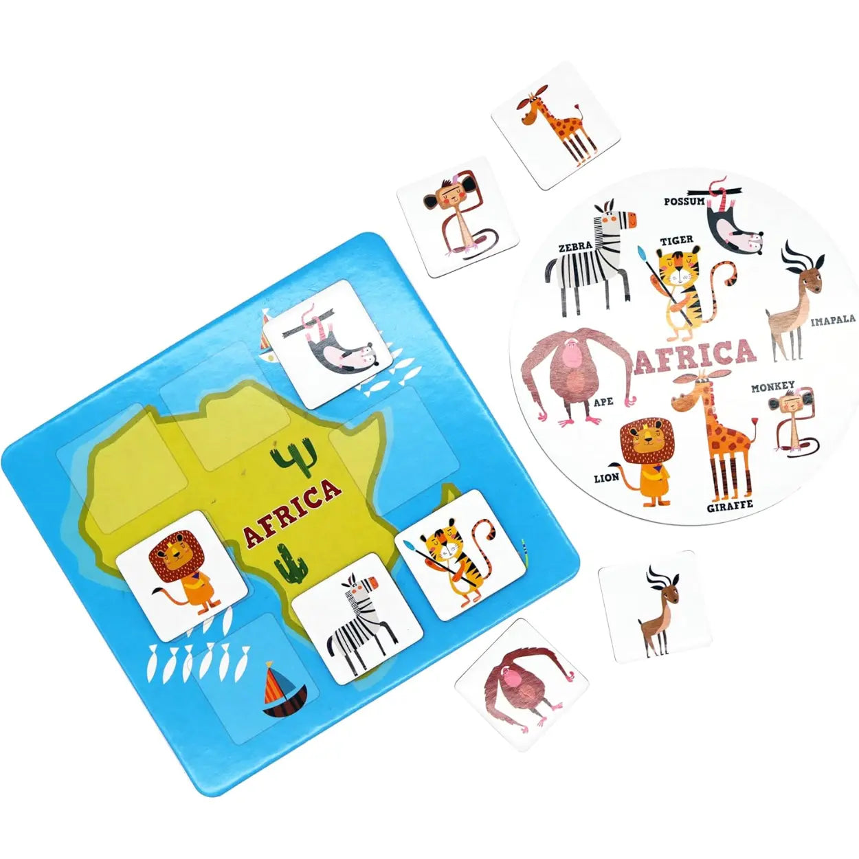 The vibrant "Into the Wild Animal Seek" by Into the Wild is a children's puzzle showcasing Africa, bordered by square tiles featuring animals like lions, zebras, tigers, and giraffes. Each animal is labeled on a circular board to boost matching skills in this engaging game.