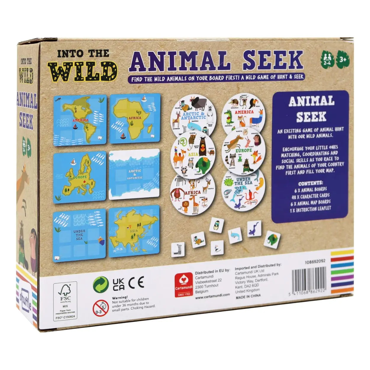 Explore "Into the Wild Animal Seek" by Into the Wild, a board game for ages 3+ that boosts matching skills with hunt & seek fun. Includes colorful boards, animal tokens, easy instructions, plus educational and eco-friendly symbols on the packaging.