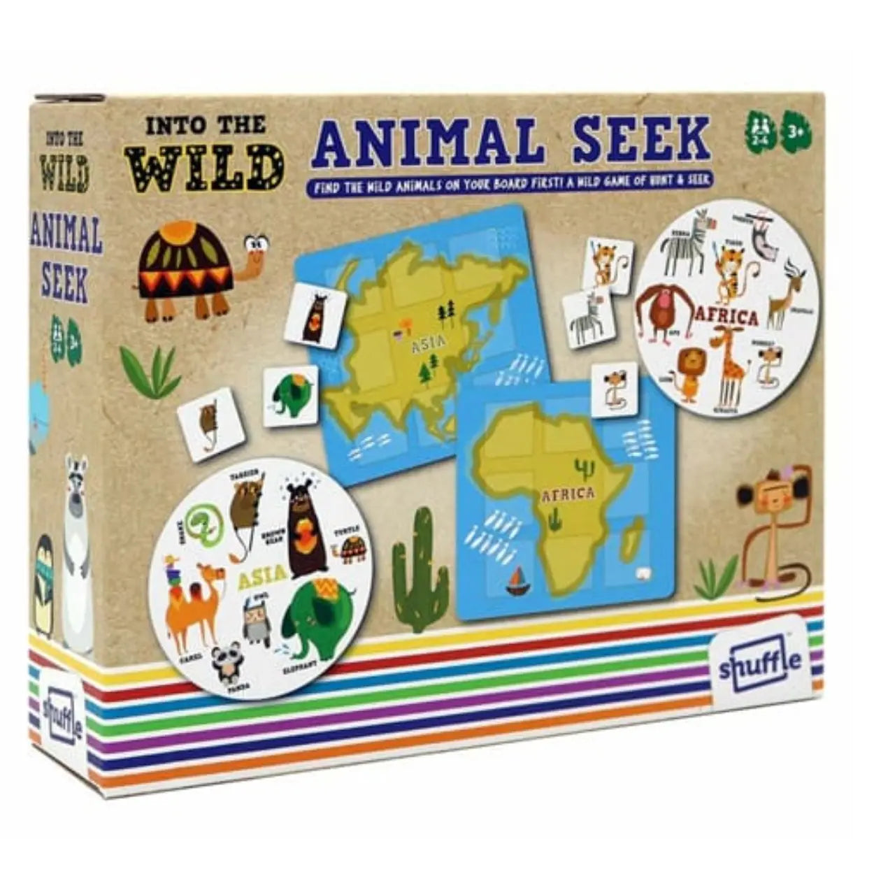 The vibrant "Into the Wild Animal Seek" by Into the Wild features circular boards with Asian and African animals. With playful illustrations, including a tent, cactus, and monkey, this card game is perfect for ages 3+, enhancing matching skills in a fun Hunt & Seek adventure!.