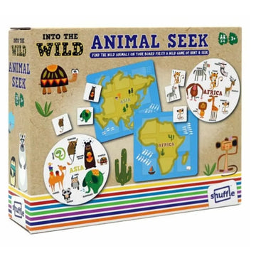 The vibrant "Into the Wild Animal Seek" by Into the Wild features circular boards with Asian and African animals. With playful illustrations, including a tent, cactus, and monkey, this card game is perfect for ages 3+, enhancing matching skills in a fun Hunt & Seek adventure!.