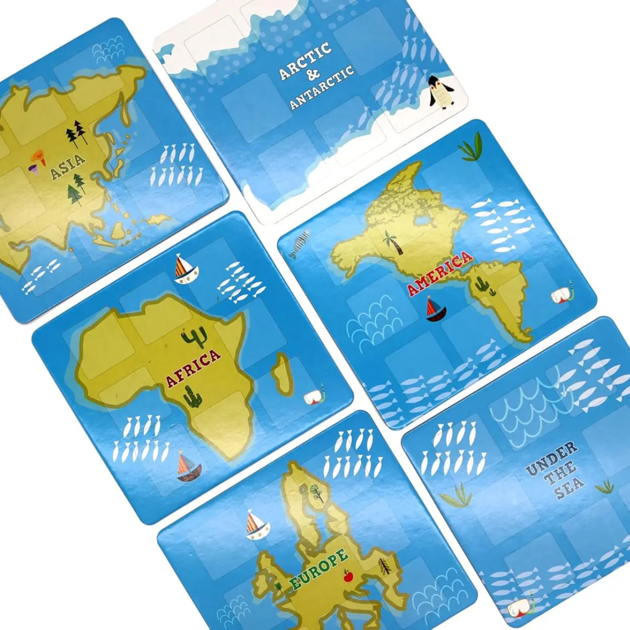 The Into the Wild Animal Seek set invites young explorers on a Hunt & Seek adventure through Asia, Africa, Europe, America, the Arctic & Antarctic, and Under the Sea with six vibrant cards. Each one features playful boat and animal icons to boost matching skills.