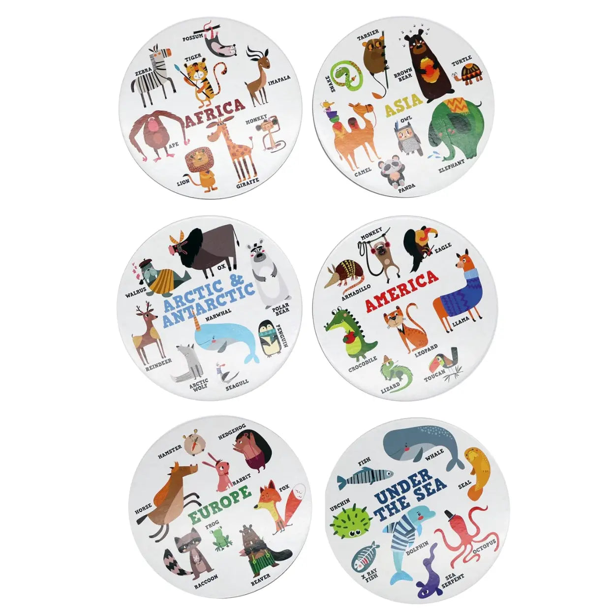 Six round coasters from the "Into the Wild Animal Seek" set by Into the Wild display cartoon animals and their names from Africa, Asia, America, Europe, the Arctic & Antarctic, and Under the Sea. Perfect for enhancing matching skills with vibrant regional creatures.