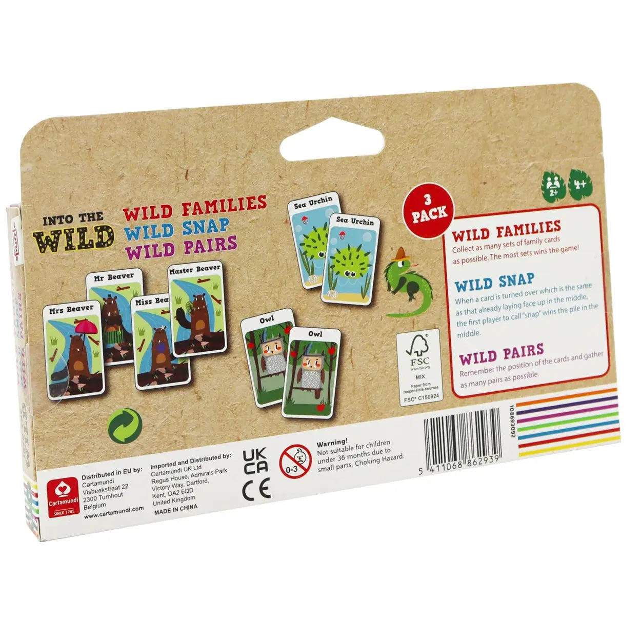 Back of "Into the Wild 3 Card Games" by Into the Wild: Enjoy three games—Wild Families, Wild Snap, and Wild Pairs. Enhance matching skills with illustrations of a beaver, sea urchin, and owl. Features game objectives and safety markings at the bottom.