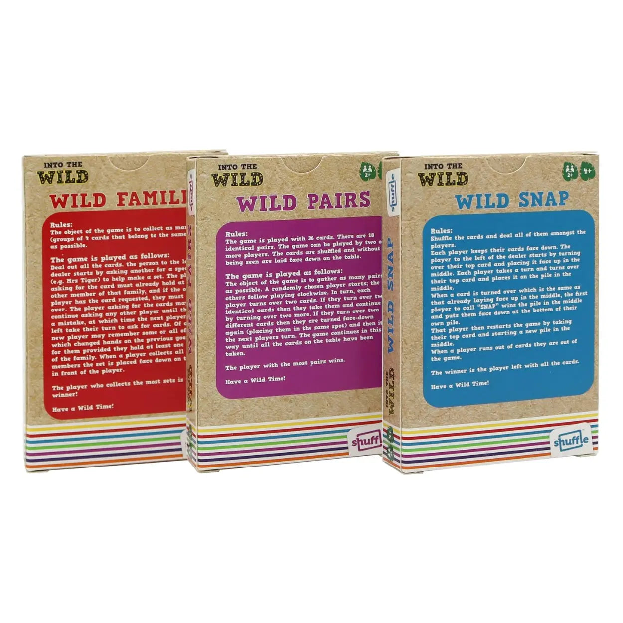 The "Into the Wild 3 Card Games" set features three educational card games: "Wild Families" in red, "Wild Pairs" in purple, and "Wild Snap" in blue. These games enhance kids' matching skills and include rules and descriptions on the back.