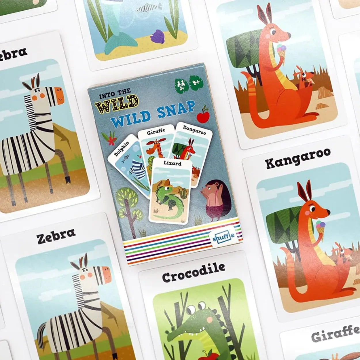 Into the Wild 3 Card Games" by Into the Wild features playful, colorful cards of a zebra, giraffe, kangaroo, and crocodile. These animal-themed cards are perfect for enhancing kids' memory and matching skills.