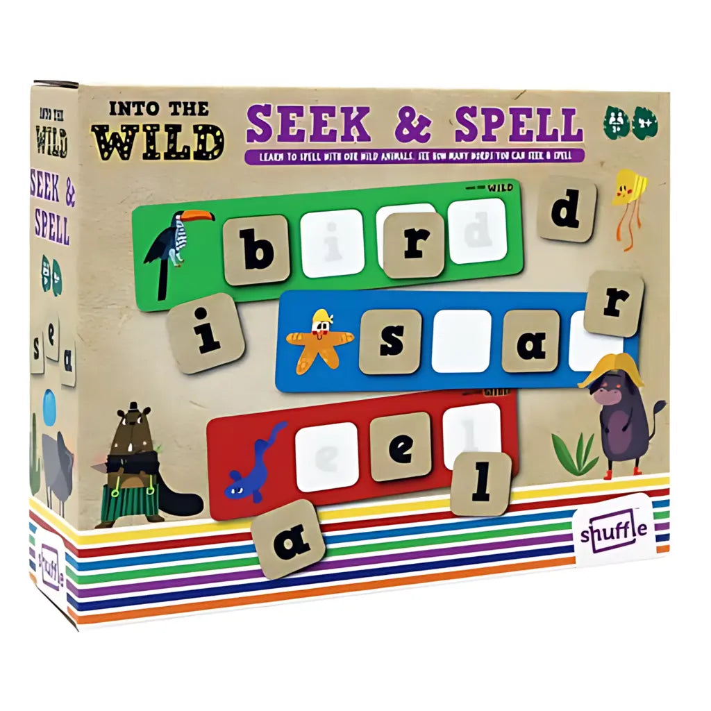 The "Into the Wild Seek & Spell" by Into the Wild is a preschool educational game featuring wooden letter tiles for word formation and vibrant wild animal illustrations, all wrapped in a colorful, exploration-themed design.