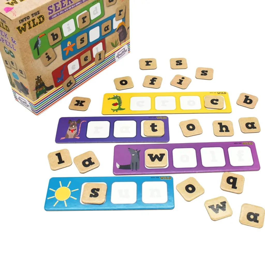 Introducing "Into the Wild Seek & Spell," a vibrant word game featuring boards with images of a bird, crocodile, wolf, and sun. Designed for young explorers, this adventure blends wild animal games with pre-school learning fun. The box is visible in the top left corner.