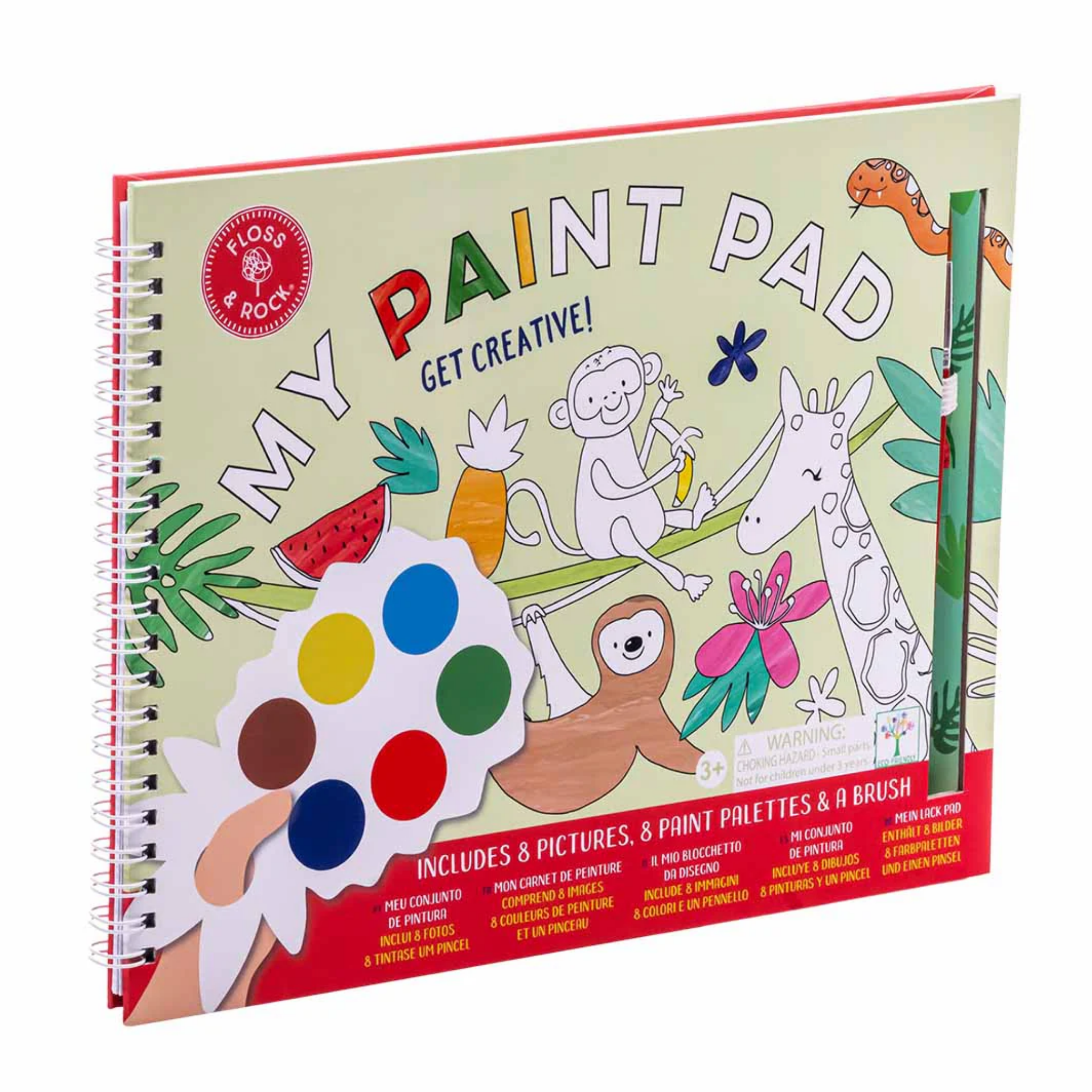 Introducing the Jungle My Painting Pad by Floss & Rock, an eco-friendly spiral-bound pad featuring vivid illustrations of animals and plants. It includes unique pineapple-shaped paint palettes and a brush. The cover encourages creativity with the text: "Get Creative!" and announces "Includes 8 pictures & paint palettes & brush.