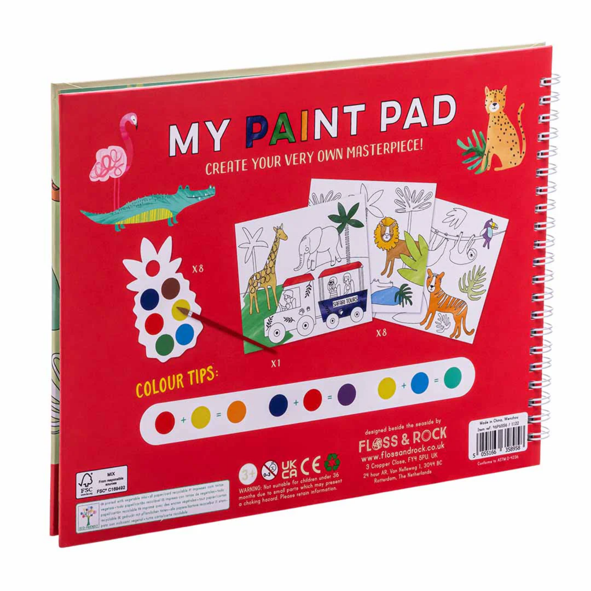 The Jungle My Painting Pad by Floss & Rock is a children's spiral-bound paint pad with a vibrant red cover showcasing jungle animals such as a snake, flamingo, and leopard. It includes color tips with pineapple-shaped paint palettes and features illustrations of a safari scene on the back.