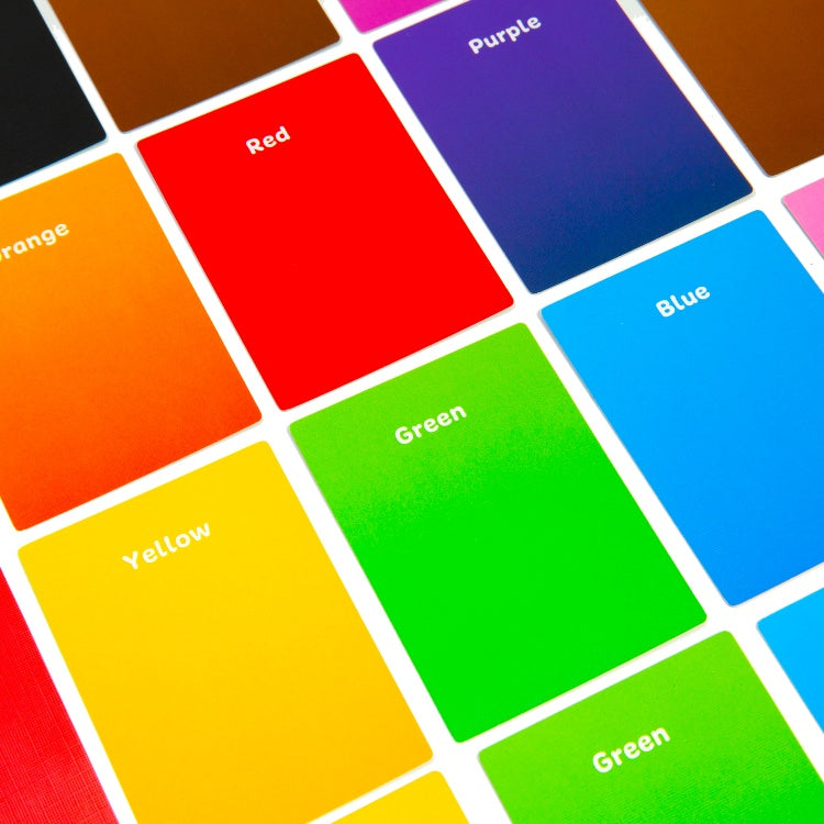 Colour cards with each colour 's name in white.