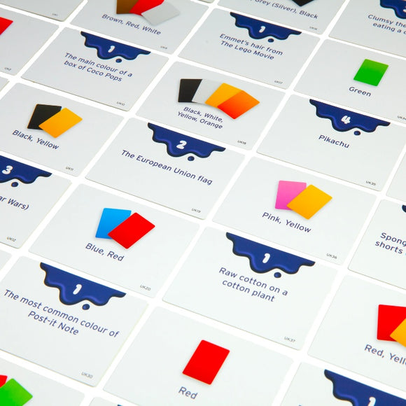 Examples of cards and their answers laid out flat in columns.