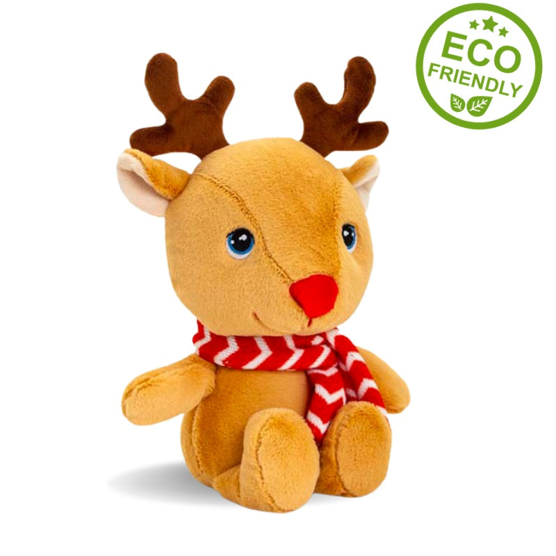 Rudolph reindeer soft toy with a red nose, brown antlers and wearing a red and white striped scarf.