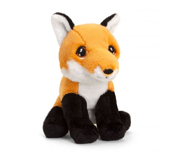 The Keeleco Farm Babies plush fox features recycled polyester bright orange fur, white face and belly accents, and black paws. Sitting upright with shiny eyes and large ears, it offers a cute and eco-friendly design.