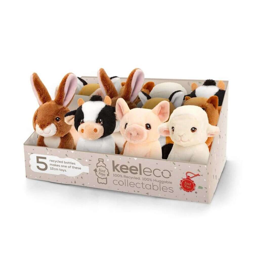 Introducing the Keeleco Farm Babies: a cute, eco-friendly display box of plush farm animals made from recycled polyester. This set includes a brown rabbit, black and white cow, pink pig, and white lamb—each crafted from five recycled bottles.