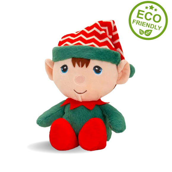 Cuddly soft elf toy wearing a red and white striped had and wearing green and red.