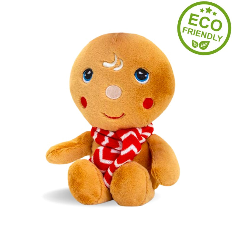 Tan coloured, soft toy gingerbread man wearing a red and white striped scarf.