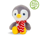 Grey and white penguin with yellow beak and feet.