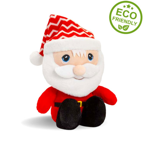 Santa Claus soft toy. Santa is wearing a red and white striped hat, a red outfit and black boots.