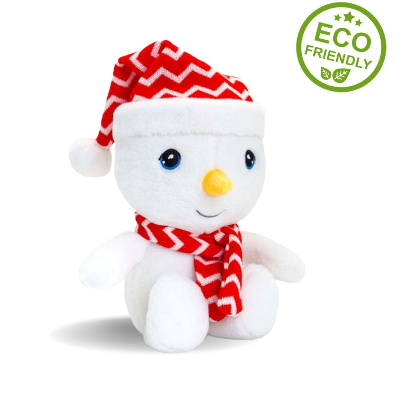 White snowman plush toy wearing a red and white striped hat and scarf. Yellow nose.