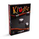 The image showcases the packaging for "Kluster," a magnetic party game from Big Potato Games. The box displays magnetic stones set against a dark background with red and orange highlights. Designed as a travel-friendly game, it is suitable for 1-4 players aged 14 and up.