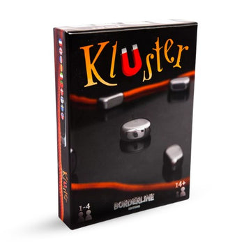The image showcases the packaging for "Kluster," a magnetic party game from Big Potato Games. The box displays magnetic stones set against a dark background with red and orange highlights. Designed as a travel-friendly game, it is suitable for 1-4 players aged 14 and up.