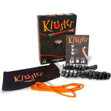 Kluster by Big Potato Games is a captivating magnetic party game that includes a box, rulebook, black magnetic stones, an orange rope, and a sleek black storage pouch featuring the game's logo. Designed for 1-4 players, it's the perfect travel companion with its quick playtime of just 10 minutes.