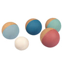 The Champions Cork Boccia Set by Korko includes four cork balls with blue, teal, and red partial coloring, plus a solid white target ball, set against a white background—ideal for enhancing fine motor skills.