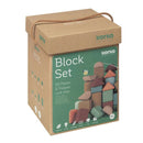 A brown cardboard box with a handle features "Giant Architects" and "60 Cork Building Blocks" by Korko. The image shows colorful blocks stacked in a tower, ideal for enhancing fine motor skills and promoting eco-friendly play.