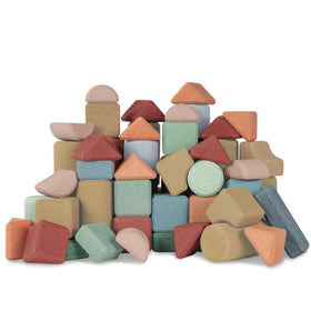 The Korko Giant Architects set includes 60 colorful cork building blocks in shapes like cubes, cylinders, and triangular prisms. These eco-friendly toys come in muted red, green, blue, beige, and orange shades to enhance fine motor skills while stacking into a small tower.