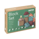 The "Small Architects, 20 Cork Building Blocks" by Korko features colorful cork building blocks in 8 shapes to enhance fine motor skills. The package, with branding and an owl design on the top right corner, makes it an ideal educational toy for ages 18 months and up.