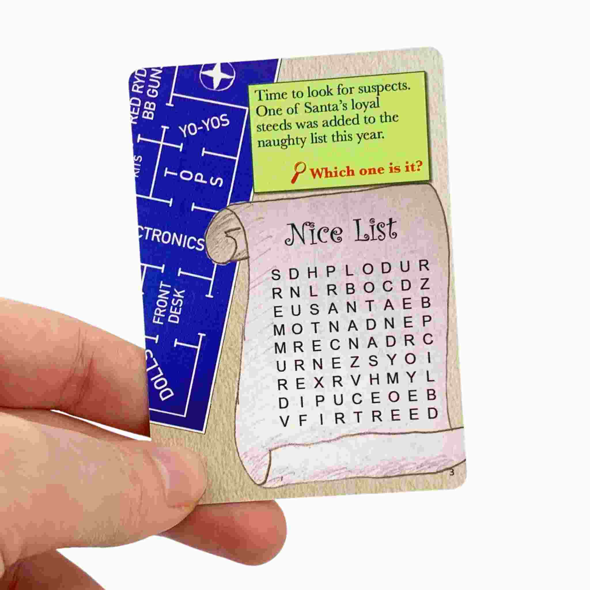 A hand holds a card from Big Potato's escape room game, The Kringle Caper, which features a clue with a letter grid titled "Nice List." The text hints at a suspect being added to the "naughty list." In the upper left corner, part of a map is visible with intriguing text like "YO-YOS" and "FRONT DESK," enhancing the mystery crime experience.