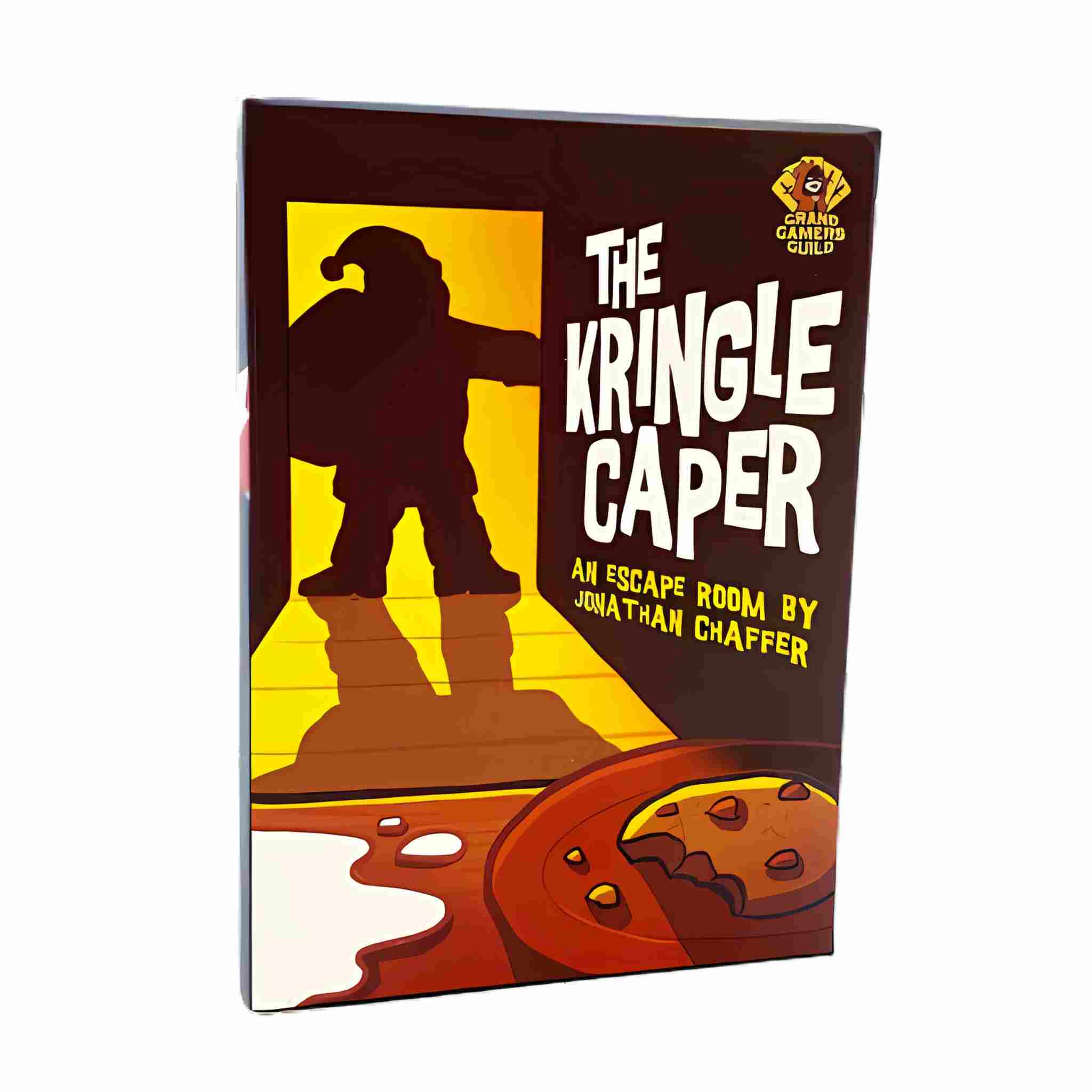 Box cover for "The Kringle Caper" by Big Potato. This exciting escape room game showcases a silhouette of a person in a Santa hat stepping into a lit doorway, with a plate of cookies and a glass of milk in the foreground, drawing you into this family-friendly adventure.