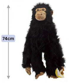 Plush monkey toy with a measurement label indicating its height.