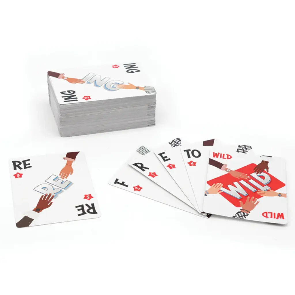 On a table, a stack and fanned cards from Outset Cheatwell's "Letter Grab" create perfect family fun. Featuring words and hand illustrations on white backgrounds, the game combines playful terms like "WILD" and "RE" that inspire creativity in this engaging letter activity.