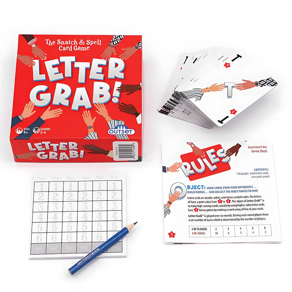 Letter Grab" by Outset Cheatwell is a family word game for 2-6 players aged 8+, featuring letter cards, rules booklet, scoring pad, and pencil. The vibrant red and white box boasts playful hand illustrations.