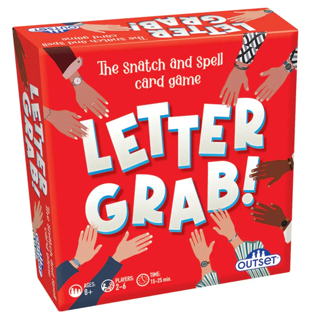 A red box of "Letter Grab" card game from Outset Cheatwell features illustrated hands reaching inward, with text reading "The Snatch and Spell letter game," offering a fun word challenge for 2-6 players, ages 8+, in 15-25 minutes.