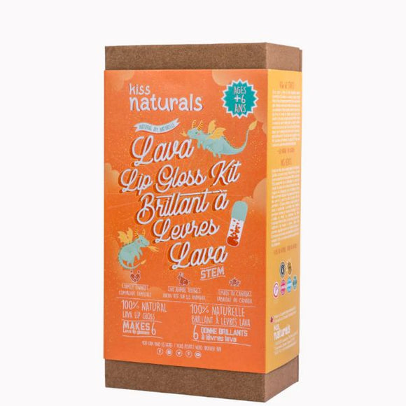 Image of a "KISS NATURALS" DIY Natural Lava Lip Gloss Kit box. The packaging is orange with illustrations of colorful creatures and text in both English and French. Labeled for ages 6 and up, the kit uses all-natural ingredients, is cruelty-free, and claims to make six lip glosses.