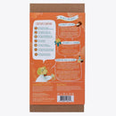The back of the DIY Natural Lava Lip Gloss Kit package from KISS NATURALS, which features an orange and brown design, lists contents, ingredients, and fun facts in both English and French. The image also includes illustrations of organic and cruelty-free elements, along with a small cartoon scientist character at the bottom.