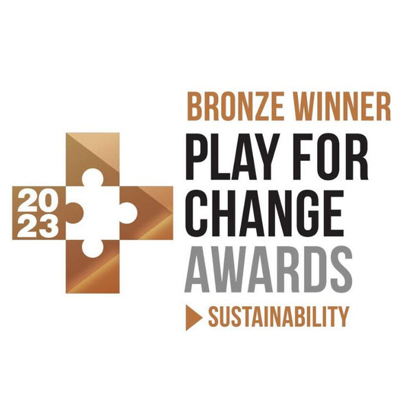 The Little Skittles Bowling Set by Korko won the Bronze Winner badge for the 2023 Play for Change Awards in Sustainability, featuring a clever climate-neutral puzzle piece design symbolizing harmony and innovation.
