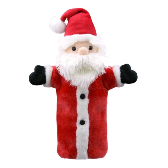Introducing the Santa Long Sleeved Puppet by The Puppet Company Ltd, showcasing a festive red outfit with fluffy white trim and a matching hat. This glove puppet is adorned with an endearing white beard and black mitten-like hands, all presented against a simple white background.
