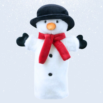 The Snowman Long Sleeved Puppet by The Puppet Company Ltd is a plush puppet adorned with a black hat, orange nose, and red scarf. Made from premium materials, it features black buttons and mittens, ideal for bringing puppet theatre shows to life in a wintry setting.