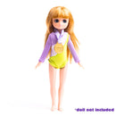A Lottie Branksea Sports Club Set features a doll with long blonde hair in a purple and green gymnastics leotard, proudly wearing a gold medal. The phrase "doll not included" is displayed in purple at the bottom right.