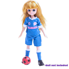 The Lottie Branksea Sports Club Set features a blonde doll in a blue soccer uniform with the number 10, black shoes, and confidently posing with a red and black soccer ball. Text reads, "doll not included.
