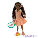 The Lottie Branksea Sports Club Set, by Lottie, features a chic doll with long brown hair in a peach tennis outfit and matching headband, equipped with a toy tennis racket and a small yellow ball. Note: "doll not included.