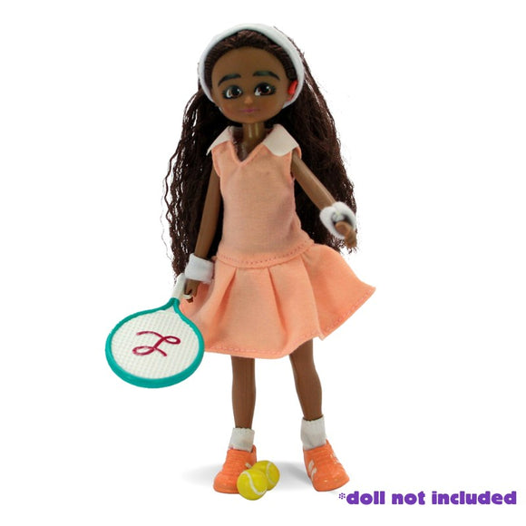The Lottie Branksea Sports Club Set, by Lottie, features a chic doll with long brown hair in a peach tennis outfit and matching headband, equipped with a toy tennis racket and a small yellow ball. Note: "doll not included.